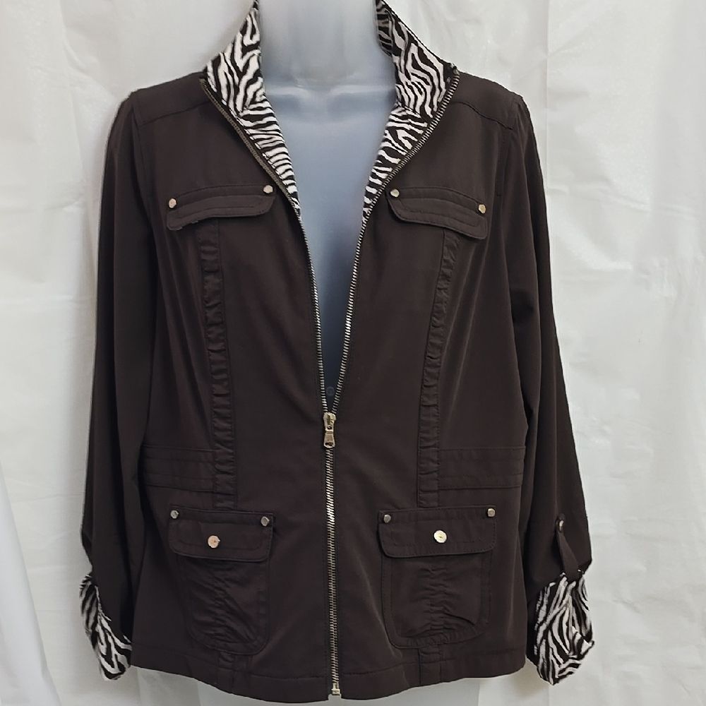 Zenergy By CHICO'S Dark Brown Utility Jacket with Zebra Animal Print Collar